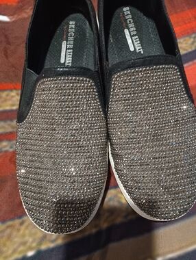 Skechers Street Black Slip-On Flats with Sparkling Rhinestone Toe
